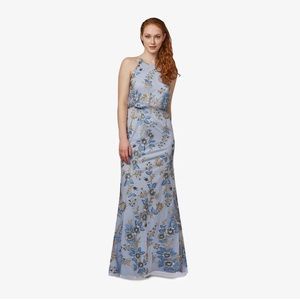 Floral Embroidered Long Blouson Halter Gown in Sky Blue